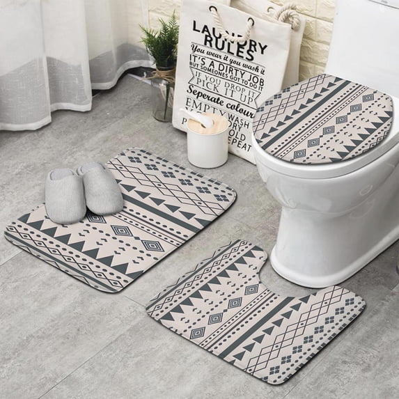 Blue Geometric Triangle Circle Pattern Bathroom Rugs Sets 3 Piece,Toilet Cover Set,Absorbent Non Slip Bathroom Mats Sets with U-Shaped Contour Rug Toilet Rug Set