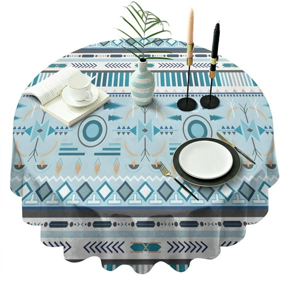 Blue Geometric Triangle Diamond Pattern Round Tablecloth 60"x60",Wrinkle Wipeable Table Cloth for Kitchen Dining Room Picnic Patio Party