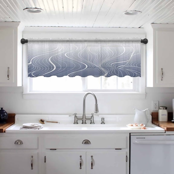 Blue Geometric Valance Curtains for Kitchen/Living Room/Bathroom/Bedroom Window,Modern White Stripe Abstract Distortion Art Rod Pocket Small Topper Half Short Window Curtains Sheer Scarf 54"x18"