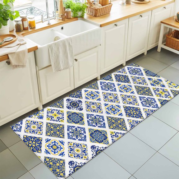 Blue Geometric Vintage Pattern Rectangle Rug 2'x6' Classical Brick Texture Washable Area Rugs for Living Room Bedroom Entryway Non Slip Entrance Door Mat Indoor Floor Carpet