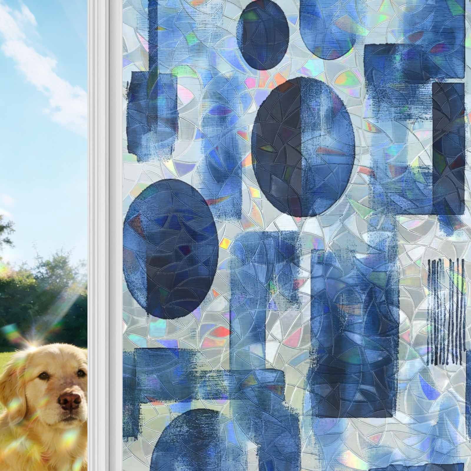 Blue Geometric Window Privacy Film Stain Glass,Reusable Decorative Rainbow Window Film,Modern Abstract Vintage Art Aesthetic Static Cling Sun Blocking Stickers Decals Covers 23.6" x 59" (2pcs)