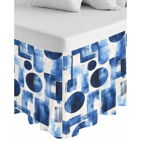 Blue Geometric Wrap Around Bed Skirts for California King Bed 18" Drop,Bed Skirt with Adjustable Elastic Belt Dust Ruffle Bed Valance for Bedroom Modern Abstract Vintage Art Aesthetic Bed Frame Cover