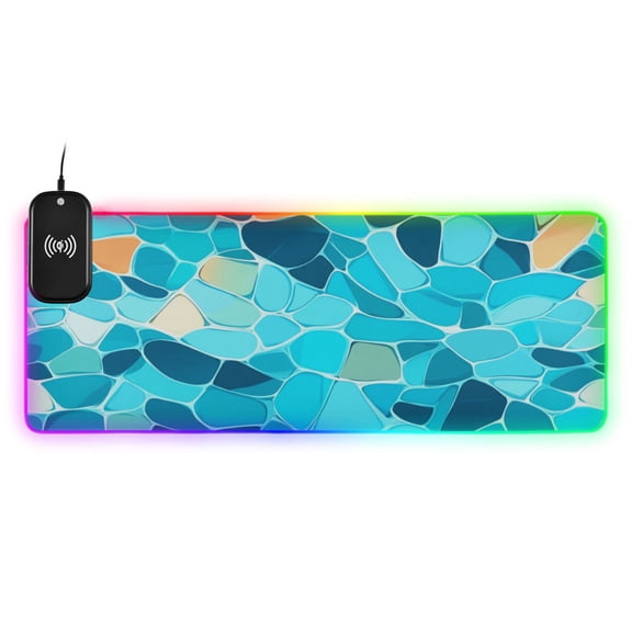 Blue Geometric in Watercolor Wireless Charging RGB Gaming Mouse Pad Large Keyboard Mat Rubber Base 13 Light Modes