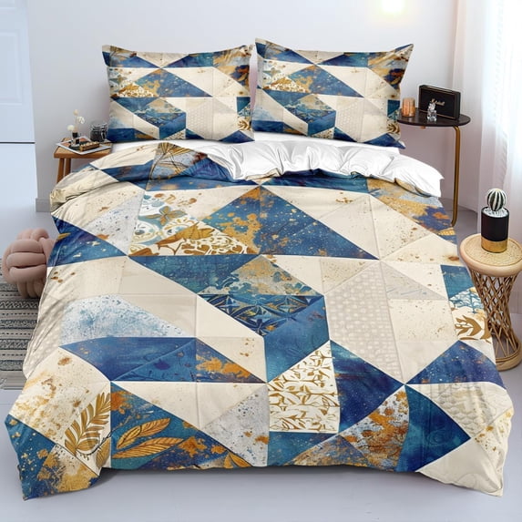 Blue Geometry Bed Sets Creative Geometric Lines Comforter Cover Golden Leaf Stripes Quilt Cover Modern Leaves Triangular Diamond Bedding Set With Zipper Closure Duvet Cover With 2 Pillowcase