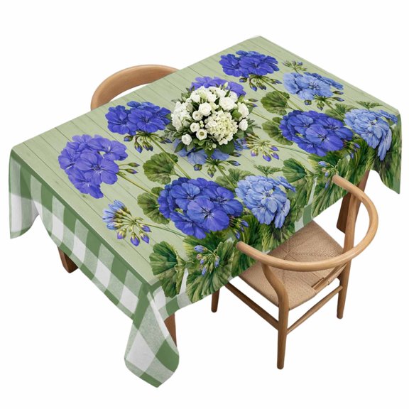 Blue Geranium Clusters Table Cloth, Waterproof Tablecloth for Rectangle Tables, Botanical Floral Sage Green Plaid Washable Fabric Table Cover for Restaurant Kitchen Dining Tables 60"x120"