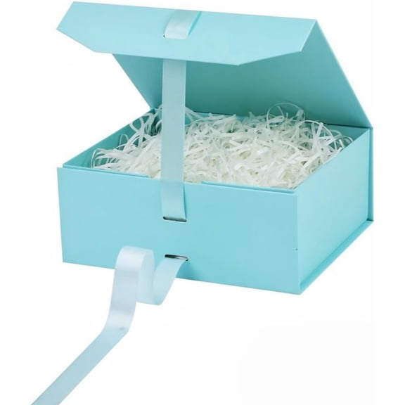 Blue Gift Box with Ribbon 1 Pcs 8x7X3.3 Inch Small Lid Magnetic Closure Rectangle Collapsible Luxury Boxes for Mother's DayBirthdaysShredded Paper Filler