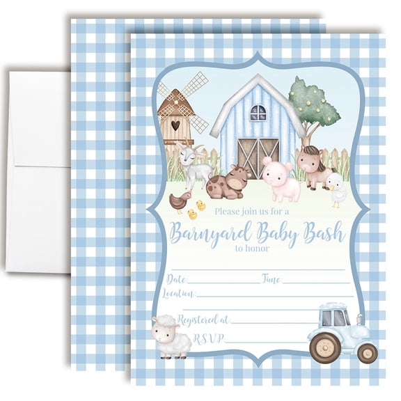 Blue Gingham Barnyard Boy Baby Shower Invitations, 20 Fill-In Cards with Envelopes, 5x7 Baby Shower Invites & Supplies, New Baby Celebration Cards, Made in USA by Amanda Creation
