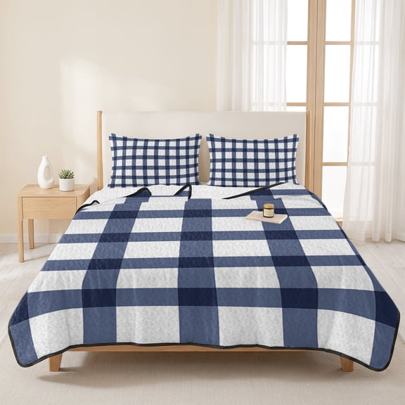 Blue Gingham Check Farm Style 3 Pieces Quilt Set,1 Quilt with 2 Shams,White Check Plaid Bedspread Soft Lightweight Bedding Coverlet Comforter Set for All Season 96"x106"