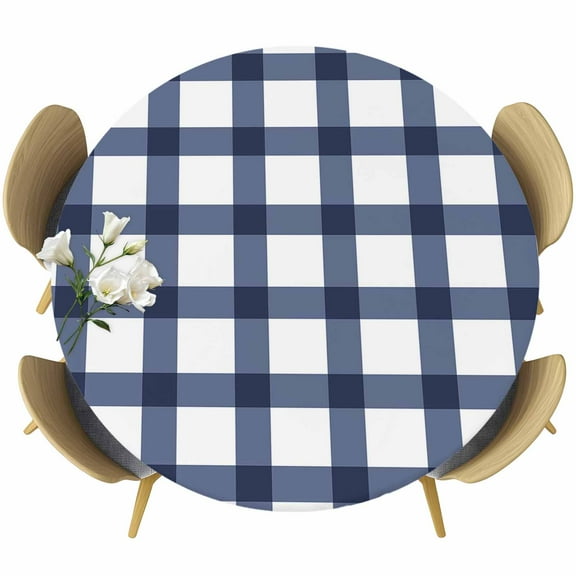 Blue Gingham Check Farm Style Fitted Round Tablecloths Table Covers 45"-54",Waterproof Table Cloth for Kitchen Holiday Party Tables Decor