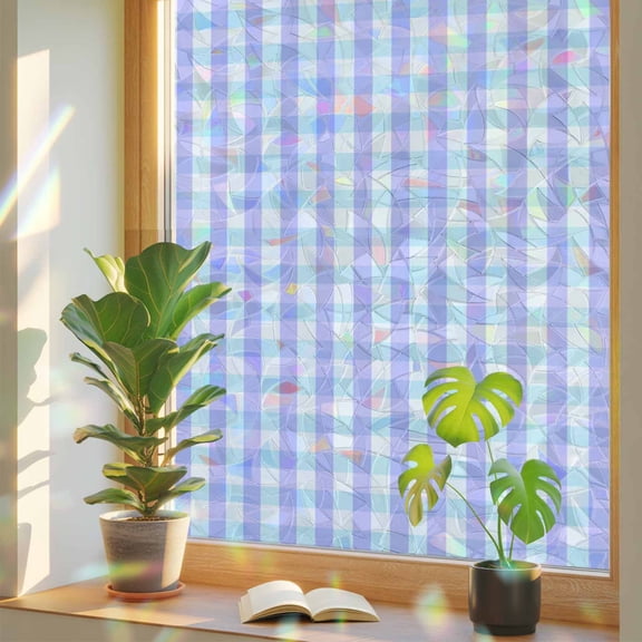 Blue Gingham Check Window Privacy Film, Rainbow Film Decorative Window Sticker 17.7x39.3in, Farm Buffalo Plaid Sun Blocking Static Stained Glass Cling Tint Non-Adhesive