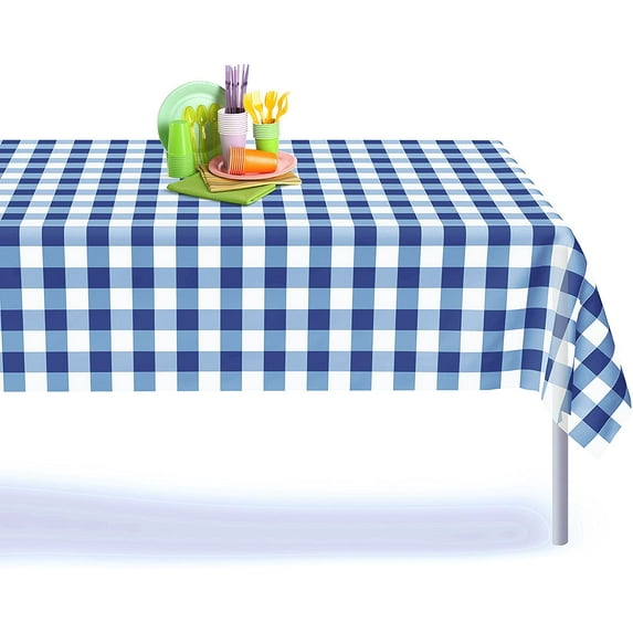 Blue Gingham Checkered 12 Pack Premium Disposable Plastic Picnic Tablecloth 54 Inch. x 108 Inch. Rectangle Table Cover By Grandipity
