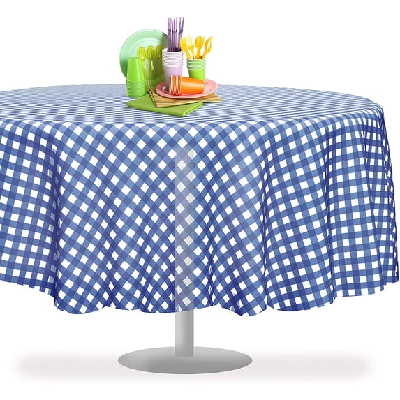 Blue Gingham Checkered 12 Pack Premium Disposable Plastic Picnic Tablecloth 84" Inch Round Table Cover By Grandipity