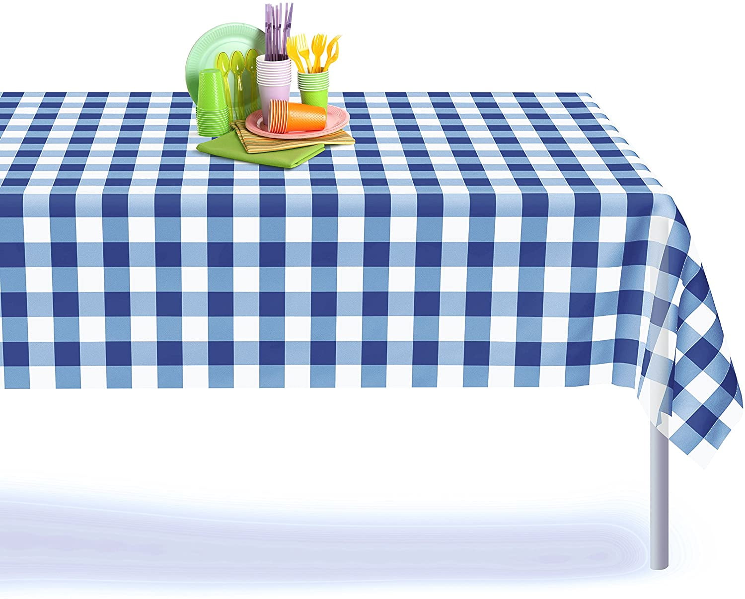 Blue Gingham Checkered Rectangular Plastic Party Tablecloth Set