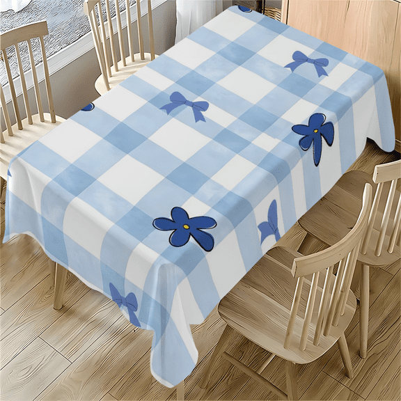 Blue Gingham Checkered Tablecloth with Flowers and Bows 55x77.1 Inches for Dining Table, Desk, Party, Outdoor Use