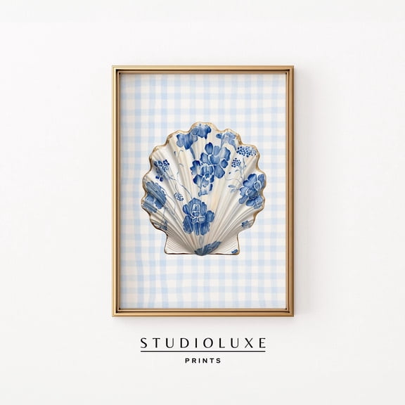 Blue Gingham Chinoiserie Shell Print Coastal Grandmillennial Wall Art Floral Seashell Illustration Beach House Decor Print Wall Art Modern Wall Decor