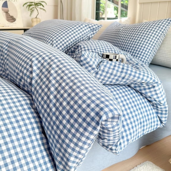 Blue Gingham Comforter Set Queen Size，Modern Style 3 Pieces Grid Checkered Pattern Fluffy，Boho Farmhouse Gingham Bedding with 2 Pillowcases