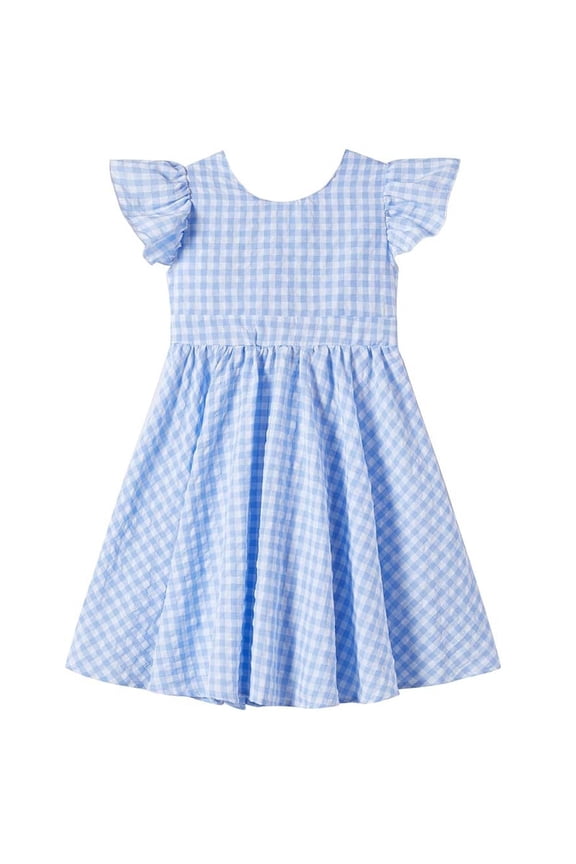 Blue Gingham Dress for Girls | Summer Cotton Ruffle Sleeve A-Line Sundress for Kids Little Kids 2-7 Years,Size 4-5T