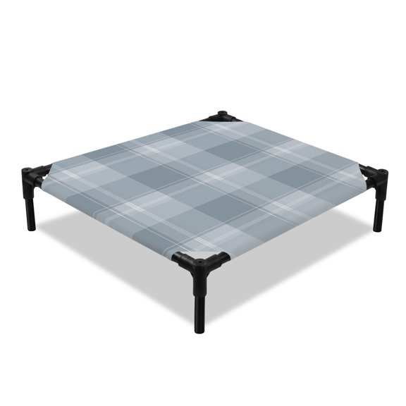 Blue Gingham Elevated Dog Bed, Modern Minimalist Boho Blue White Stripe Color Blocks Cooling Breathable Outdoor Raised Dog Cot Bed with Metal Frame Non-Slip Feet for Small Dog 20x20in