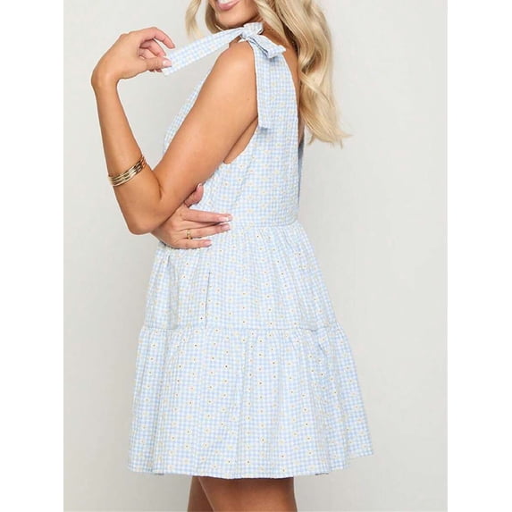 Blue Gingham Floral Tie-Shoulder Mini Sundress With Bow Ruffle Flowy Babydoll Dress