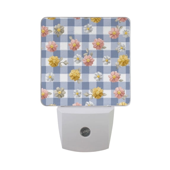 Blue Gingham Pattern with Small Flowers LED Night Light Sensor Lamp Plug-in Adjustable Brightness 2 Pack
