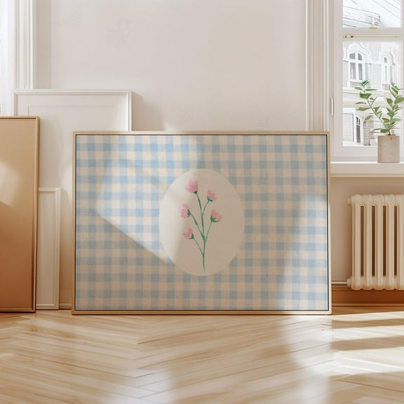Blue Gingham Pink Floral Horizontal Print, Nursery, Botanical, Cottage Core Decor, Farmhouse Wall Art, Modern Wall Decor For Living Room, 12x18 UNFRAMED