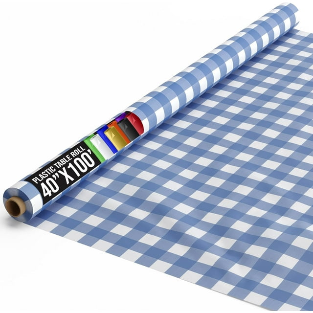 Blue Gingham Plastic Table Cover Roll 40" X 100' Banquet Rolls