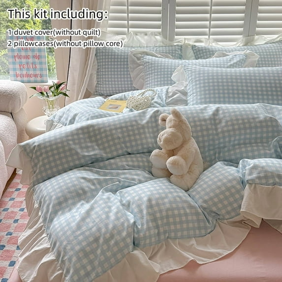 Blue Gingham Ruffle Duvet Cover Queen Size Comforter Cover Set Vintage Plaid Checkered Farmhouse Bedding Set 89"x89" 3 Pieces