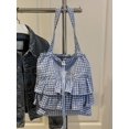 thumbnail image 1 of Blue Gingham Ruffle Tote Bag With Drawstring Closure Oversized Shoulder, 1 of 7