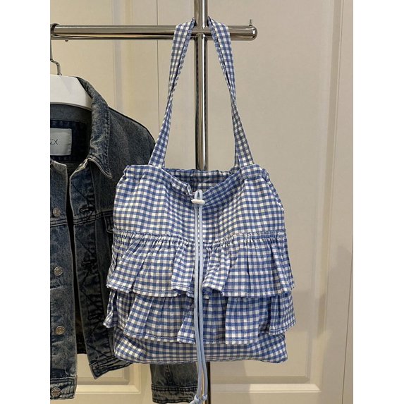 Blue Gingham Ruffle Tote Bag With Drawstring Closure Oversized Shoulder