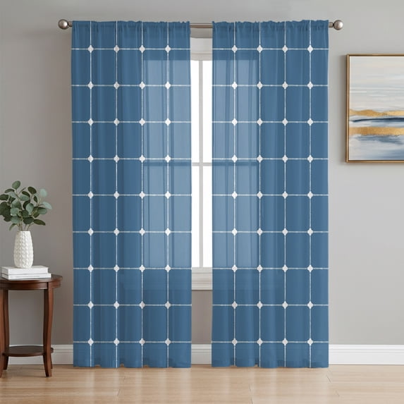 Blue Gingham Sheer Curtains 63 Inches Long, Modern Minimalist Geometric Plaid Light Filtering Window Curtains for Living Room/Bedroom, Rod Pocket Voile Sheer Curtain Drapes, 52"W x 63"L, 2 Panels