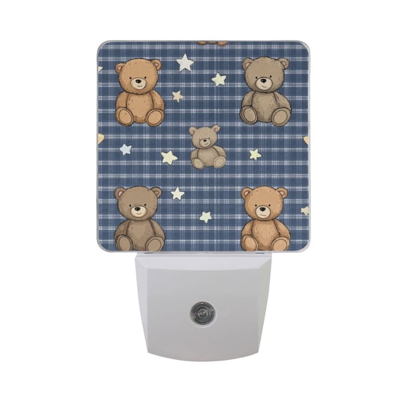 Blue Gingham Stars Cute Bears LED Night Light Sensor Lamp Plug-in Adjustable Brightness 2 Pack