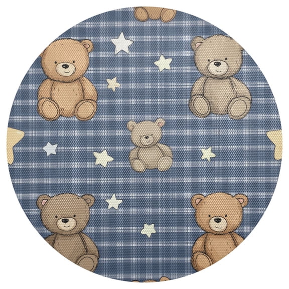 Blue Gingham Stars Cute Bears PVC Round Grid Placemat Table Mat 1 Pc 15.4" x 15.4"
