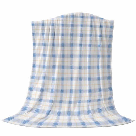 Blue Gingham Throw Flannel Blanket Pastel Blue Checks Yellow Lines Plaid Grid Rustic Super Soft Cozy Bed Blanket, Lightweight Plush Fuzzy Bed Throw for Bedroom Sofa Couch Living Room 50x80in