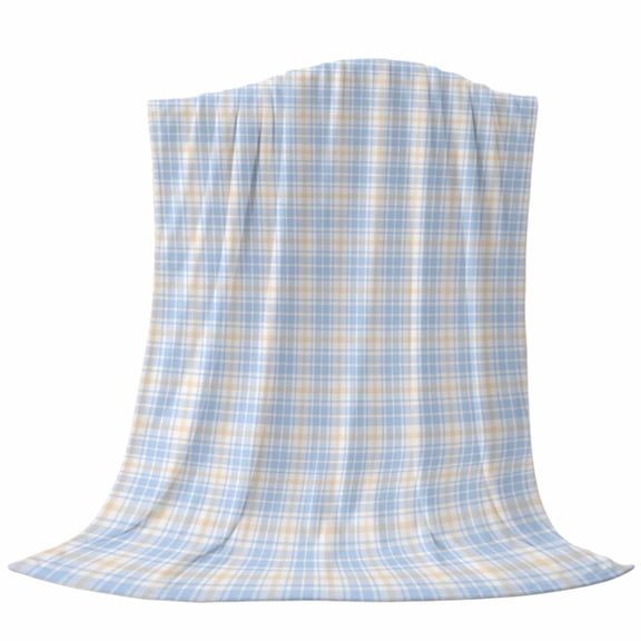 Blue Gingham Throw Flannel Blanket Pastel Blue Checks Yellow White Lines Plaid Grid Super Soft Cozy Bed Blanket, Lightweight Plush Fuzzy Bed Throw for Bedroom Sofa Couch Living Room 50x80in