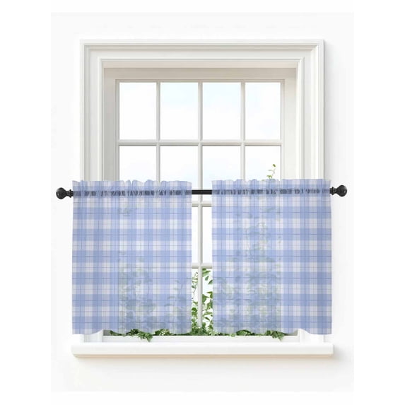 Blue Gingham Tier Curtains 36 Inch Length,Sheer Curtains for Bedroom Living Room Window Farmhouse Buffalo Plaid Checkeredv Rod Pocket Drapes Kitchen Curtains Small Half Window 27.5"x36" 2 Panels