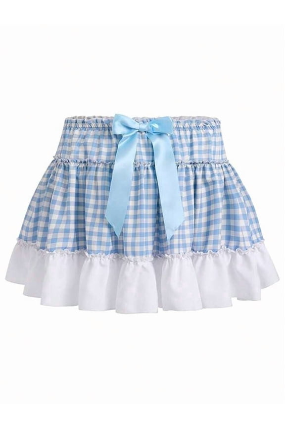 Blue Gingham Tiered Ruffle Mini Skirt With Satin Bow Waist Elastic High Waist A-Line