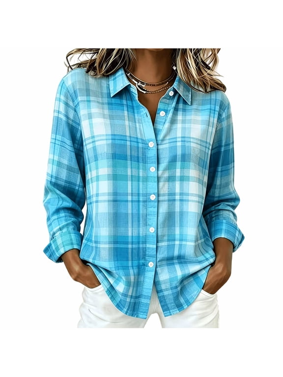Blue Gingham Top Women's Plaid Button Down Shirt Long Sleeve Collared Relaxed Fit Pre Shrunk Stretch Blouse Casual Work Vacation Top