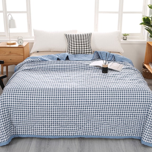 Blue Gingham Washed Cotton Summer Quilt – Lightweight Breathable Cool Comforter for Bed, All-Season & Machine Washable