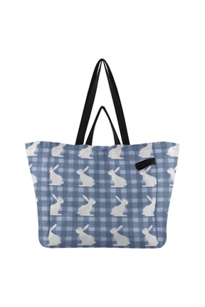 Blue Gingham White Rabbits Easter Foldable Canvas Tote Bags Reusable Grocery Bags Laundry Bags Beach Bag 32L