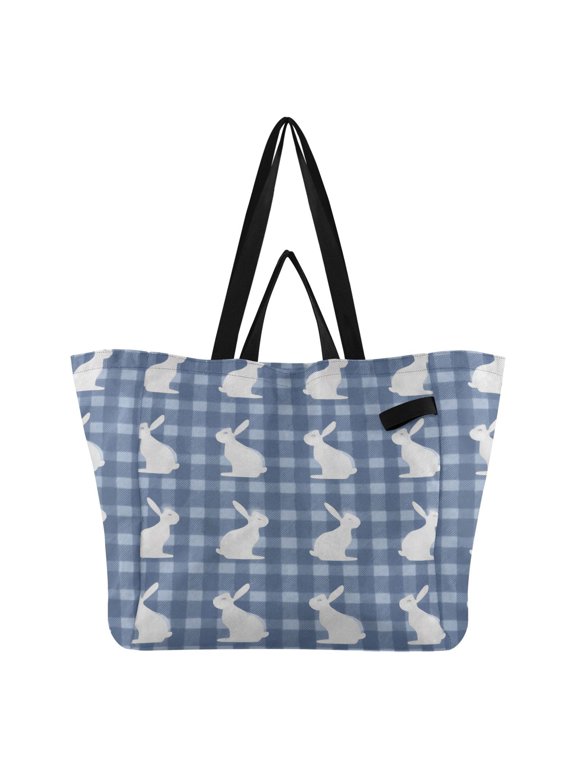 Blue Gingham White Rabbits Easter Foldable Canvas Tote Bags Reusable Grocery Bags Laundry Bags Beach Bag 32L