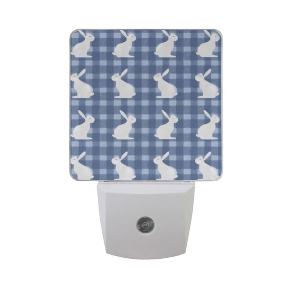 Blue Gingham White Rabbits Easter LED Night Light Sensor Lamp Plug-in Adjustable Brightness 2 Pack