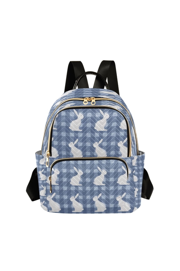 Blue Gingham White Rabbits Easter Quilted Backpack Fashion Daypack Commuter Bag for Women 14 L