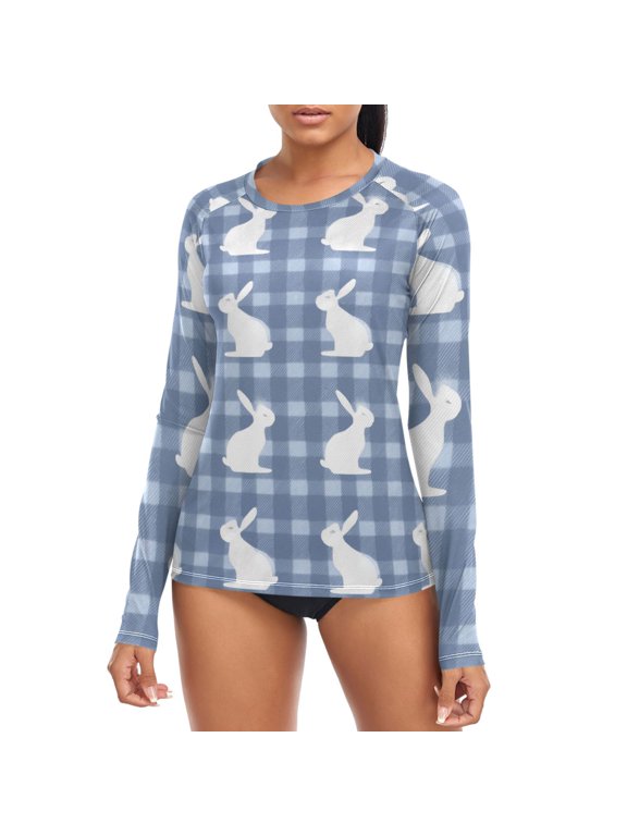 Blue Gingham White Rabbits Easter Women's Rash Guard Shirts UPF 50+ Sun Protection Clothing Long Sleeve Swim Suits M