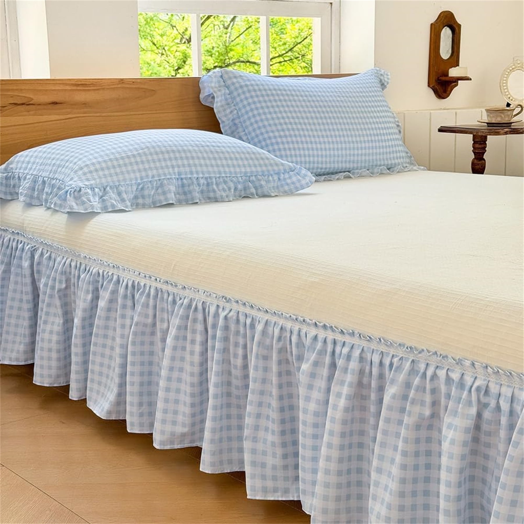 Blue Gingham Wrap Around Ruffled Bed Skirt with Lace Decor, Plaid Grid Adjustable Elastic Dust Ruffles for Queen Bed, 15 Inch Drop Farmhouse Cottage Pleated Bed Frame Cover(Blue Gingham, Queen)