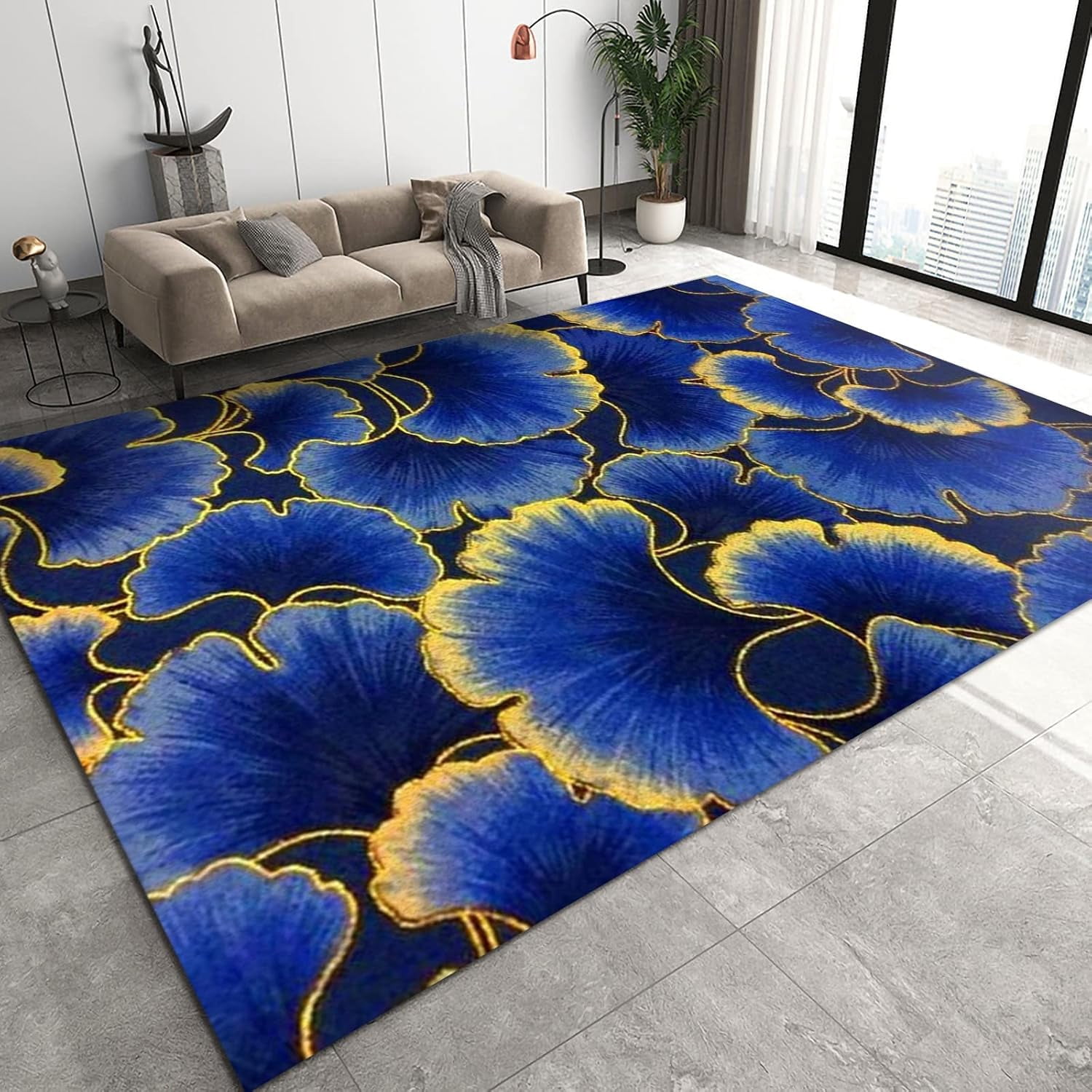 Low Profile Blue Rug Blue Ginkgo Leaf Carpet, Plant Area Rugs, Shock Absorption Carpet Soft ...