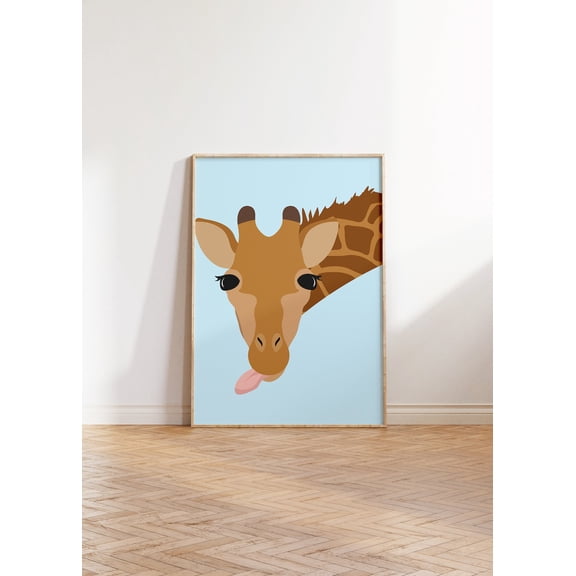 Blue Giraffe Minimal Boho Animal Wall Art, Unframed Paper Print Size 24x36