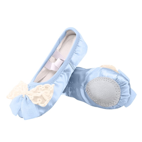 Blue Girls' Bow Ballet Slippers With Flexible Bottom And Lace-Up Free Design, Constructed From Blend Fabric For Exercise And Performance
