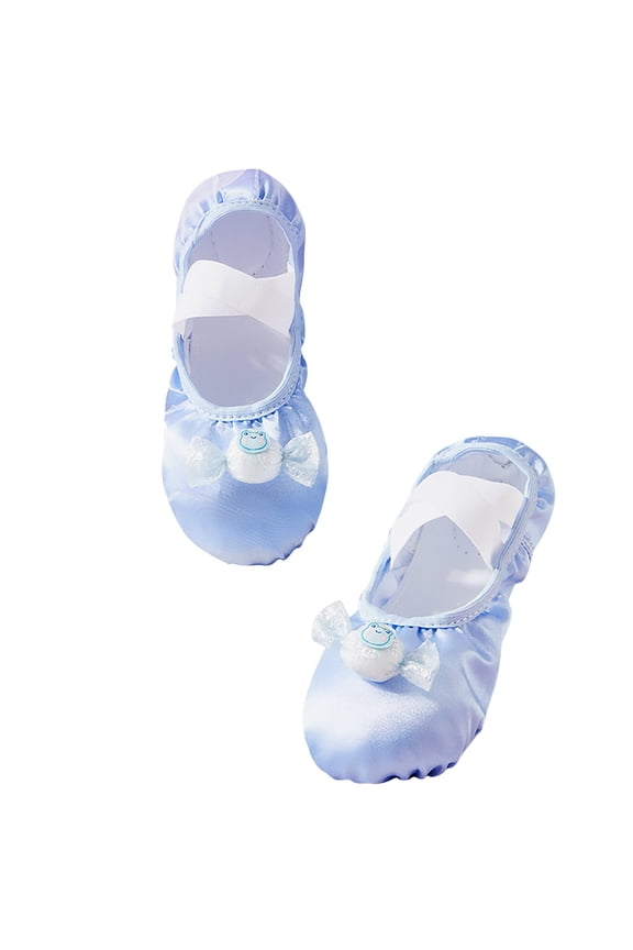 Blue Girls Dance Shoes With Soft Soles Satin Upper, Bow Design Artificial Leather Sole For Practice Ages 1-2 Years