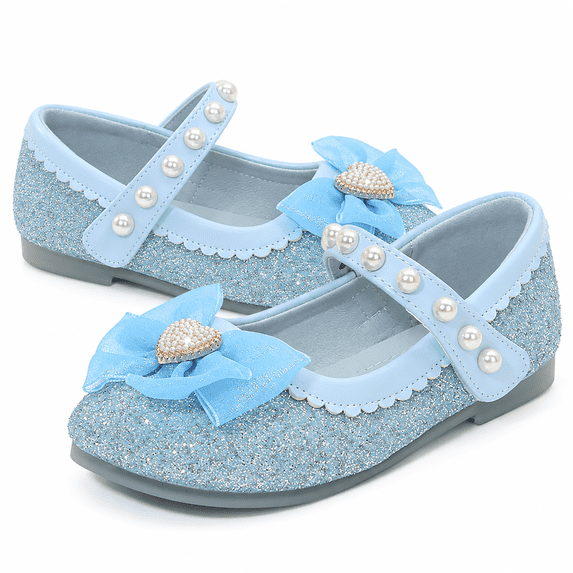 Blue Girls Glitter Mary Jane Dress Shoes with Pearl Strap and Flower Bow Size 3, Princess Party Flats for Big Kids