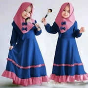 Blue Girls Outfits&Set Abaya Clothing Kid Dress Muslim Baby Ramadan Dubai Toddler Girl Robe Traditional Girls Outfits&Set Baby Girl Clothes